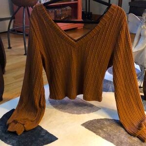 Brown, textured, long lantern sleeved crop top.